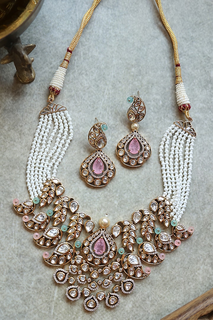 Gold Plated Kundan Polki & Pearl Necklace Set by Paisley Pop at Pernia's Pop Up Shop