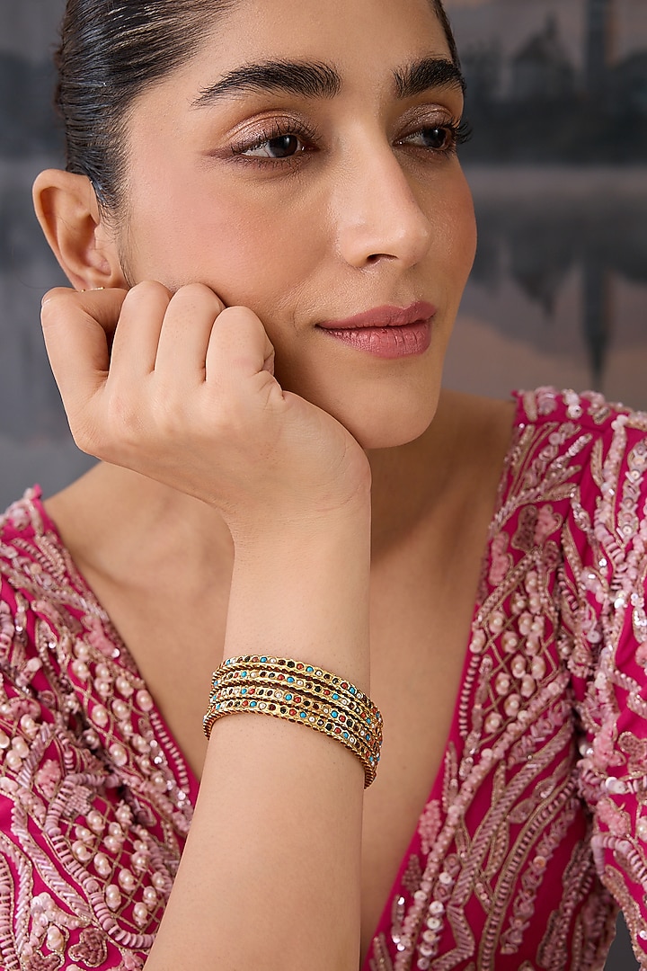 Gold Plated Multi-Colored Stone Bangles (Set of 4) by Paisley Pop at Pernia's Pop Up Shop