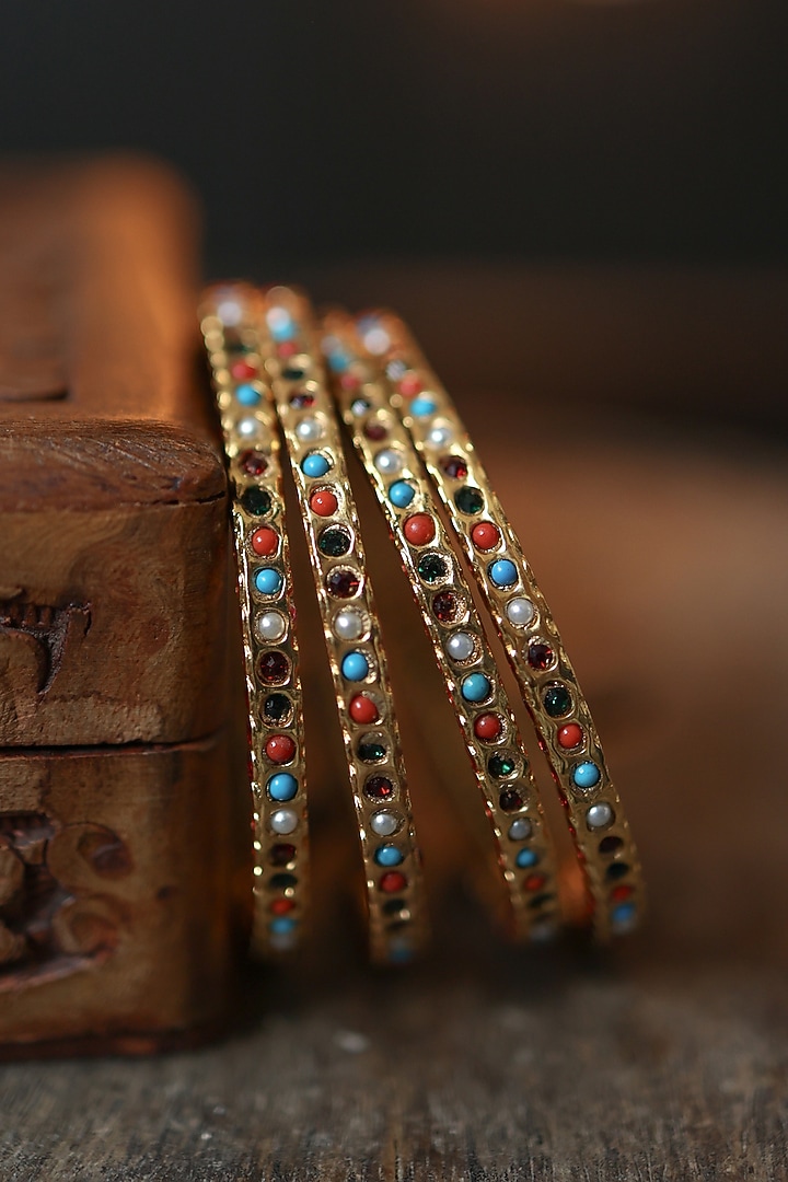 Gold Plated Multi-Colored Stone Bangles (Set of 4) by Paisley Pop at Pernia's Pop Up Shop