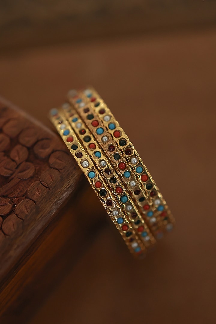 Gold Plated Multi-Colored Stone Bangles (Set of 4) by Paisley Pop at Pernia's Pop Up Shop