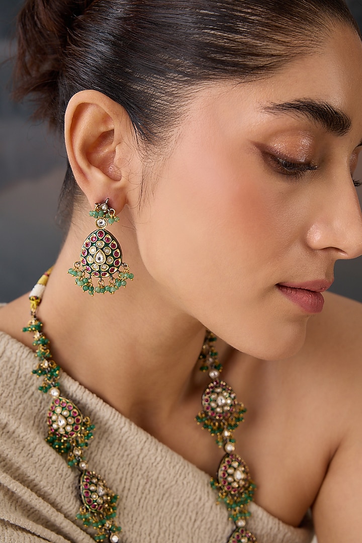 Gold-Rhodium Plated Kundan Polki & Green Onyx Dangler Earrings by Paisley Pop at Pernia's Pop Up Shop