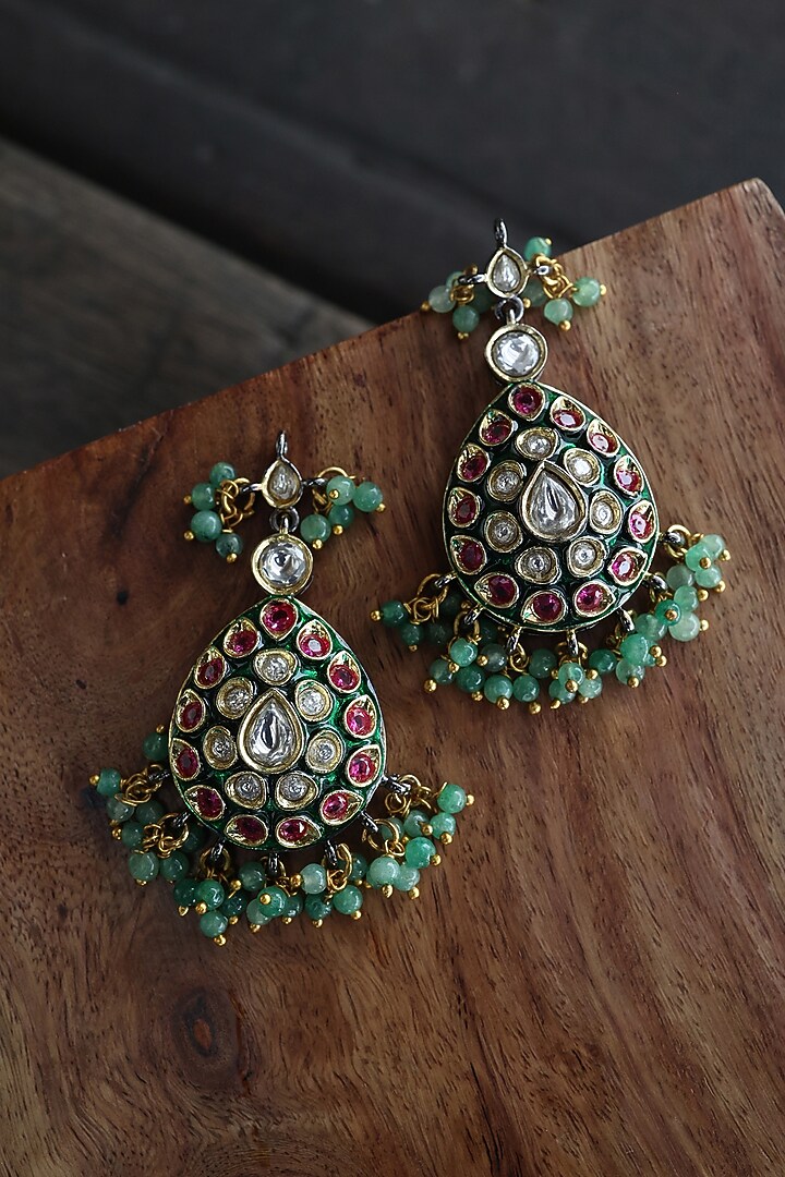 Gold-Rhodium Plated Kundan Polki & Green Onyx Dangler Earrings by Paisley Pop at Pernia's Pop Up Shop