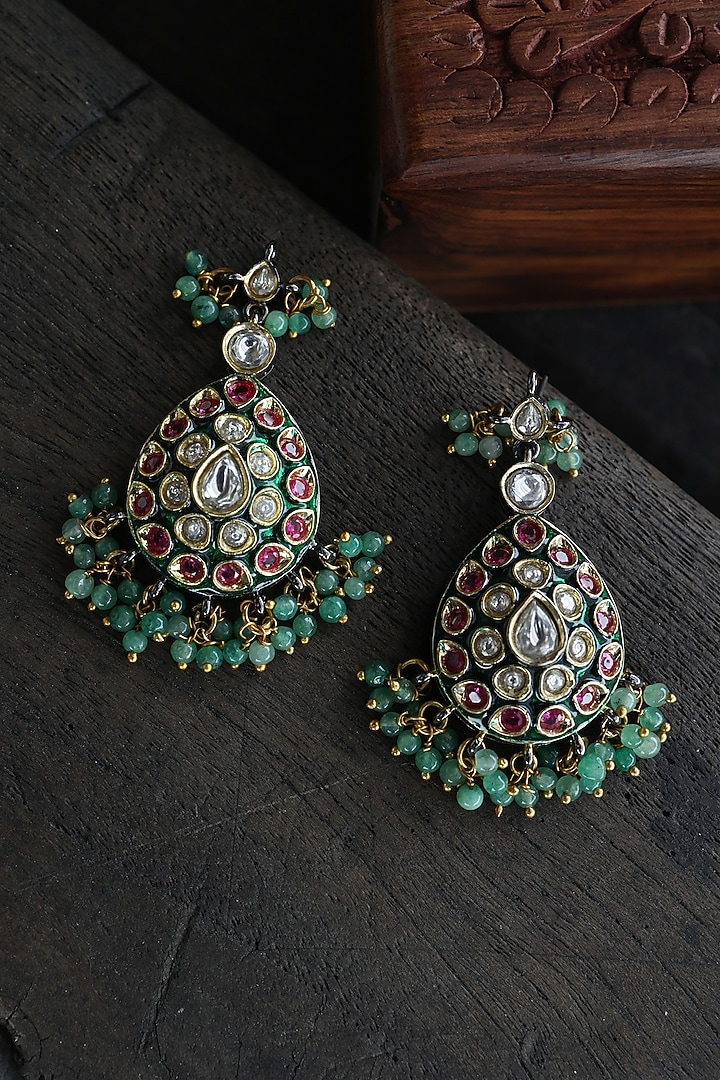 Gold-Rhodium Plated Kundan Polki & Green Onyx Dangler Earrings by Paisley Pop at Pernia's Pop Up Shop