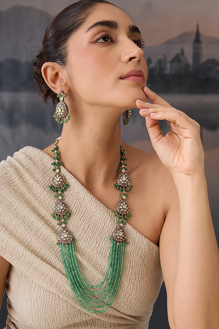 Gold-Rhodium Plated Kundan Polki & Green Onyx Necklace Set by Paisley Pop at Pernia's Pop Up Shop