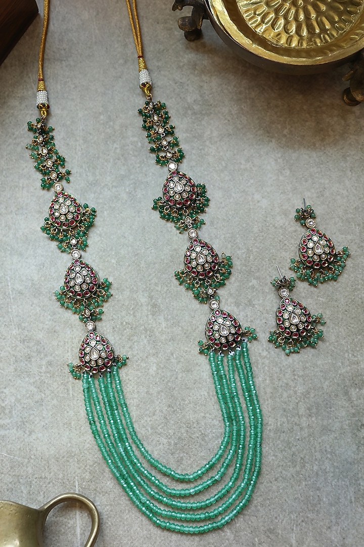 Gold-Rhodium Plated Kundan Polki & Green Onyx Necklace Set by Paisley Pop at Pernia's Pop Up Shop
