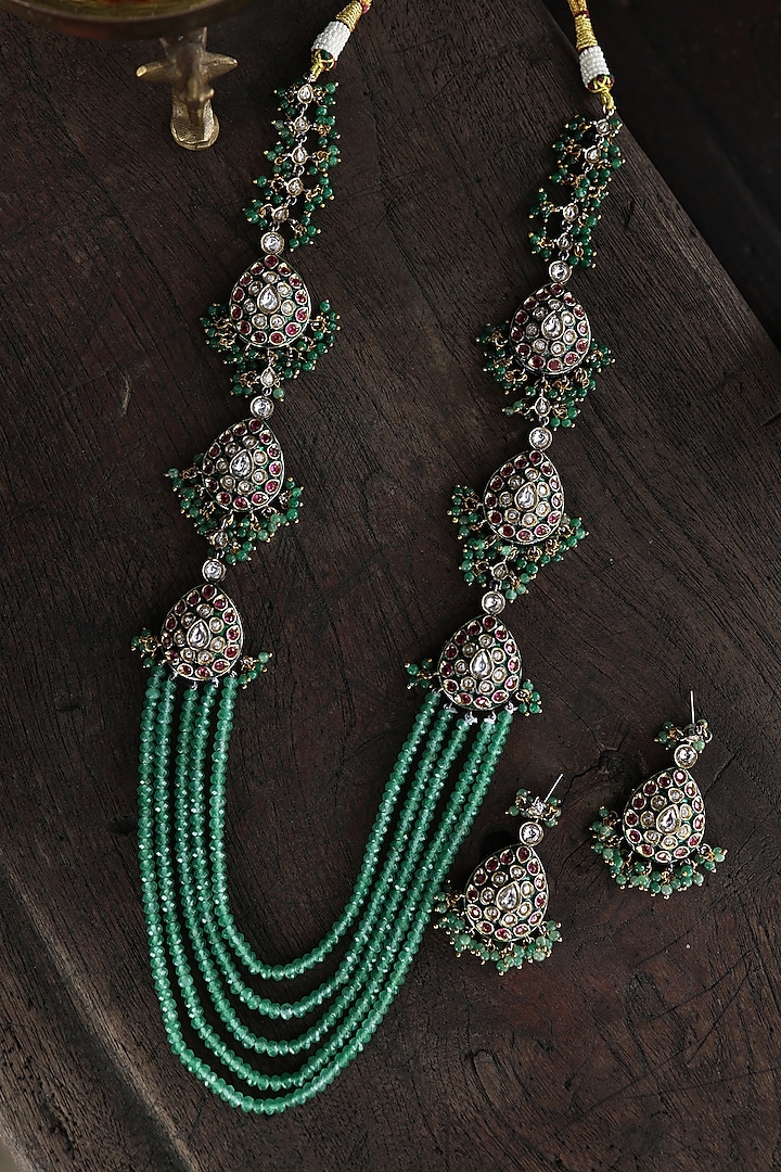 Gold-Rhodium Plated Kundan Polki & Green Onyx Necklace Set by Paisley Pop at Pernia's Pop Up Shop