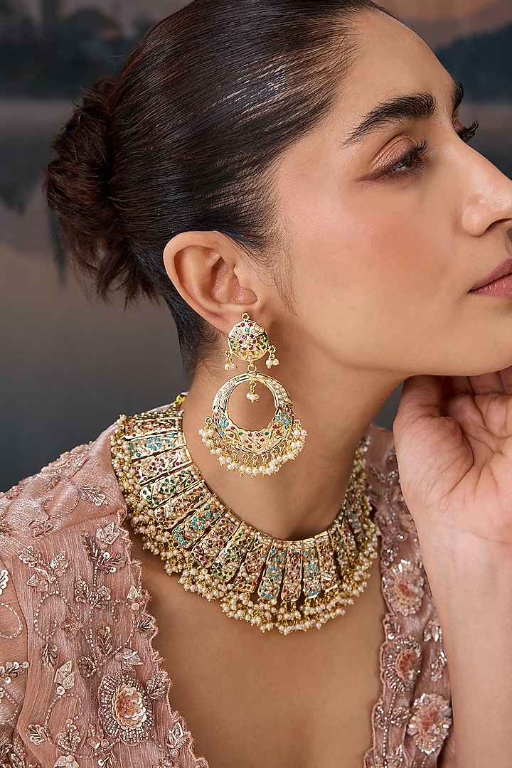 Gold Plated Pearl & Multi-Colored Stone Necklace Set by Paisley Pop at Pernia's Pop Up Shop