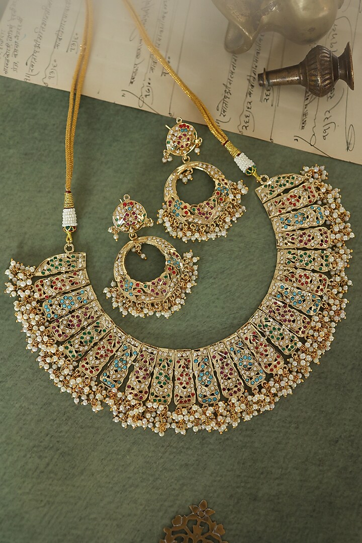 Gold Plated Pearl & Multi-Colored Stone Necklace Set by Paisley Pop at Pernia's Pop Up Shop