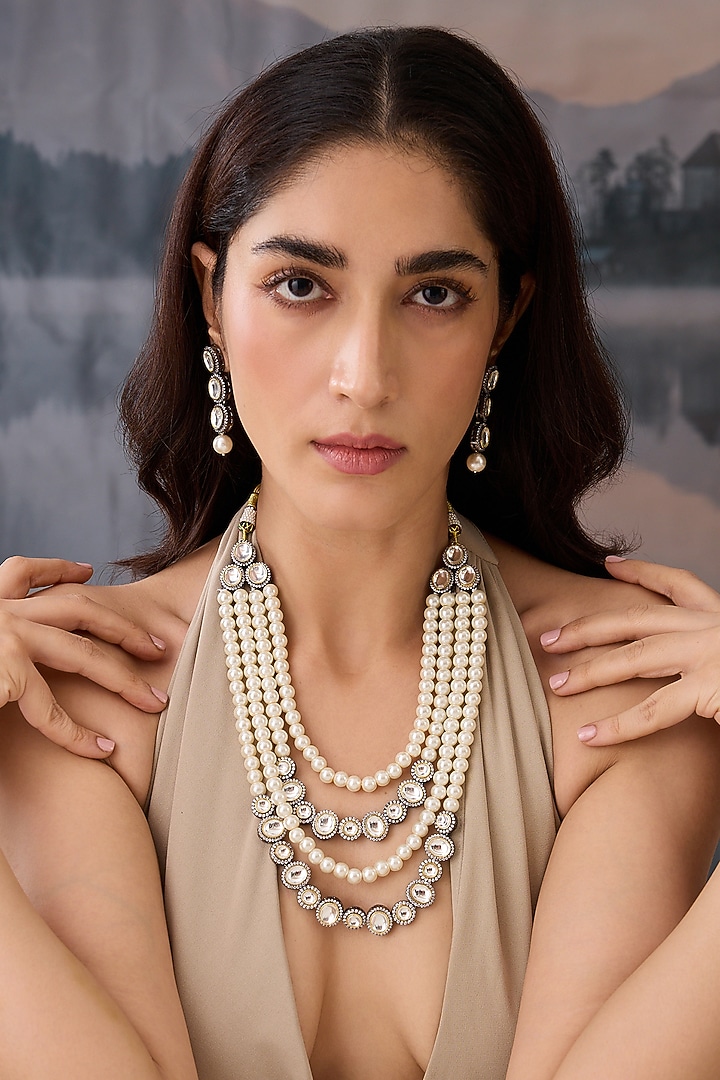 Black Rhodium Finish Kundan Polki & Pearl Necklace Set by Paisley Pop at Pernia's Pop Up Shop