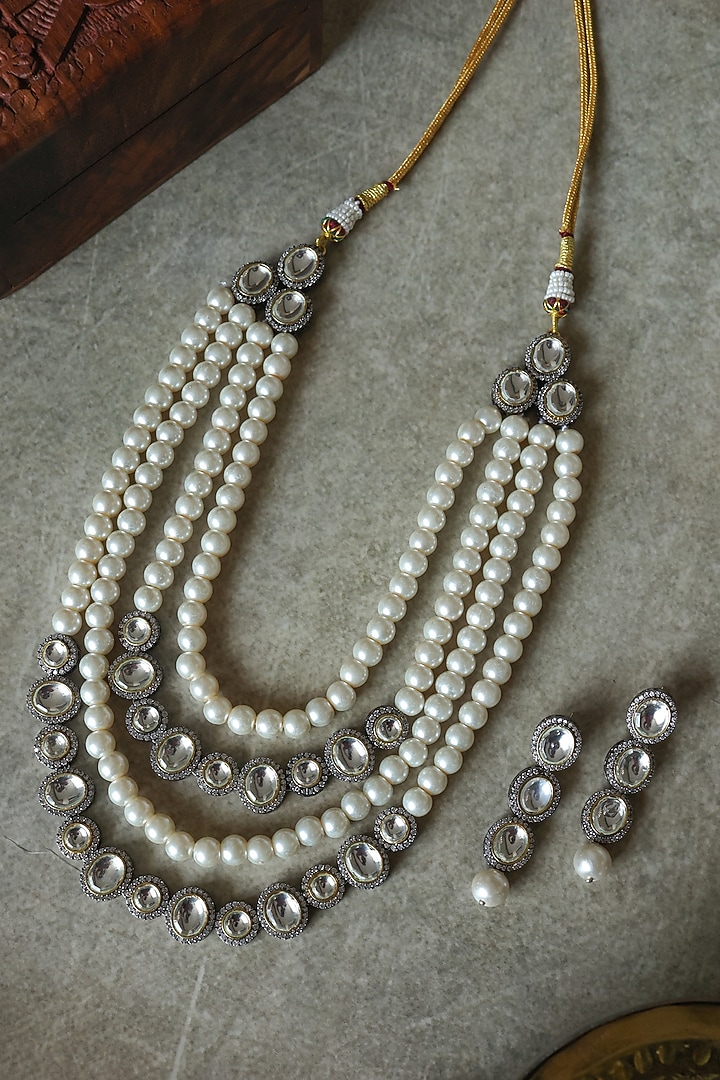 Black Rhodium Finish Kundan Polki & Pearl Necklace Set by Paisley Pop at Pernia's Pop Up Shop