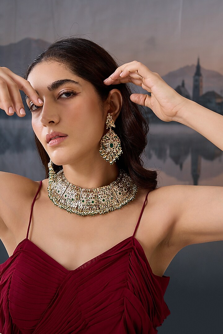 Gold Plated Pearl & Green Garnet Stone Necklace Set by Paisley Pop at Pernia's Pop Up Shop