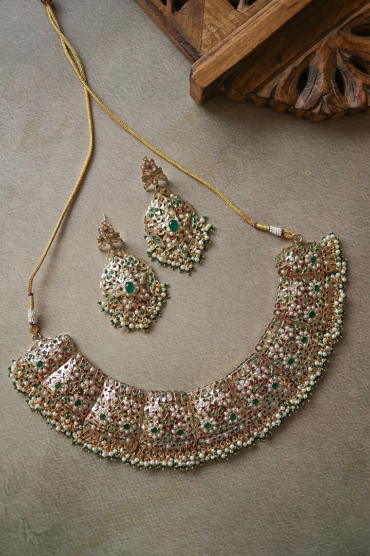 Gold Plated Pearl & Green Garnet Stone Necklace Set by Paisley Pop at Pernia's Pop Up Shop