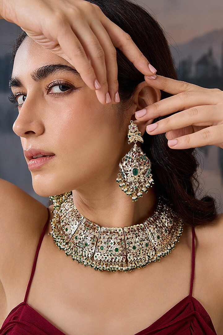 Gold Plated Pearl & Green Garnet Stone Necklace Set by Paisley Pop at Pernia's Pop Up Shop