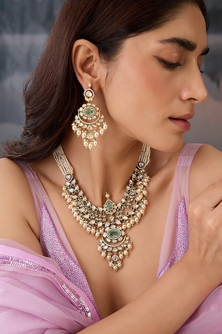Gold Plated Kundan Polki Mint Fluorite Stone Necklace Set by Paisley Pop at Pernia's Pop Up Shop