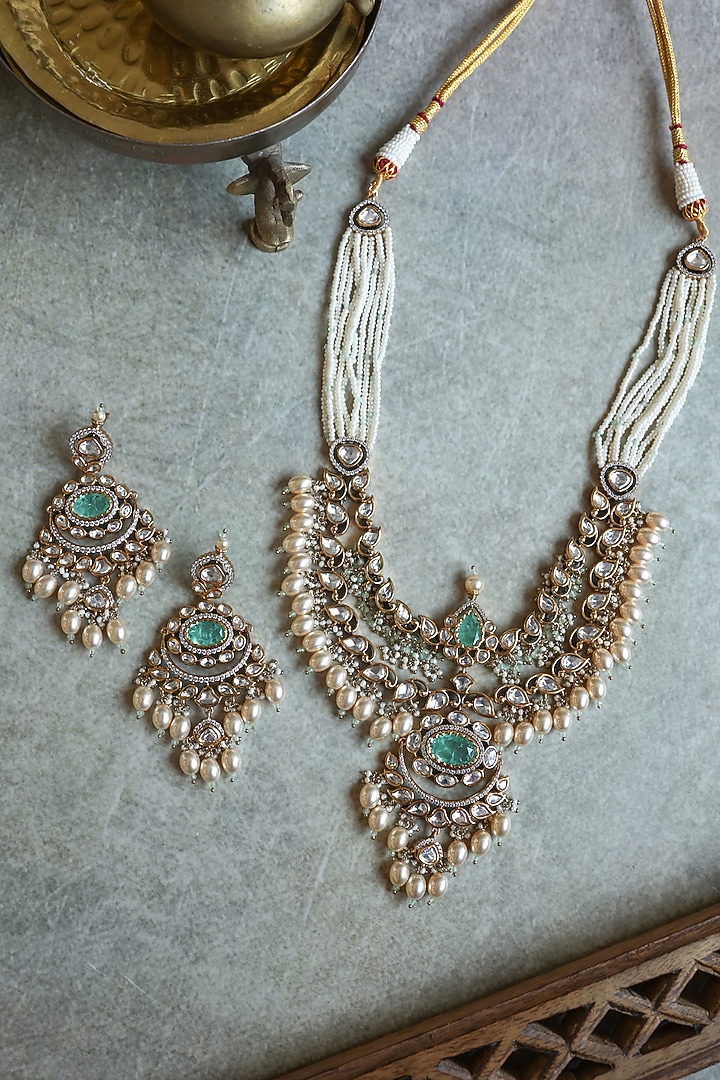 Gold Plated Kundan Polki Mint Fluorite Stone Necklace Set by Paisley Pop at Pernia's Pop Up Shop