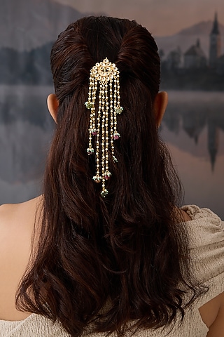 Gold Plated Kundan Polki & Pearl Hair Braid Pin by Paisley Pop