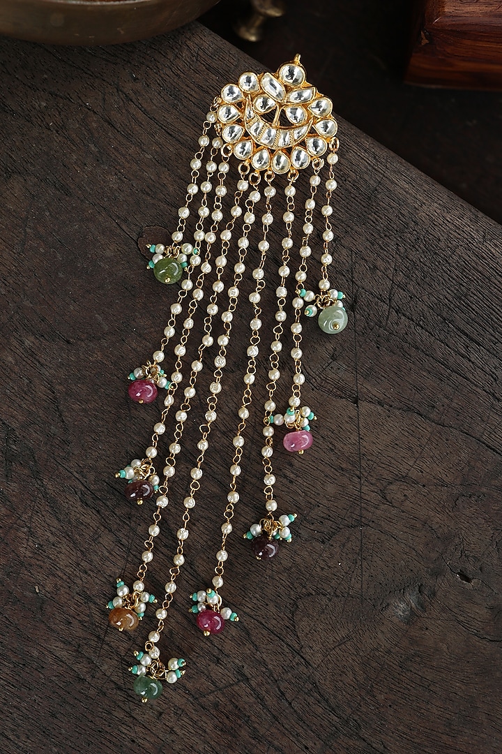 Gold Plated Kundan Polki & Pearl Hair Braid Pin by Paisley Pop at Pernia's Pop Up Shop