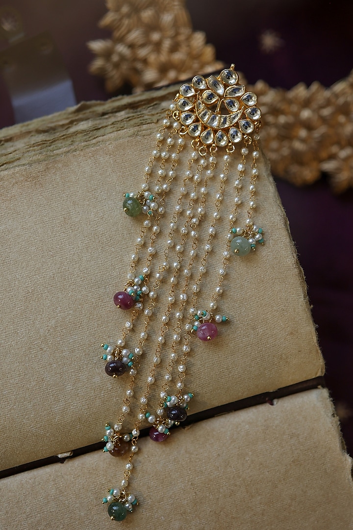 Gold Plated Kundan Polki & Pearl Hair Braid Pin by Paisley Pop at Pernia's Pop Up Shop