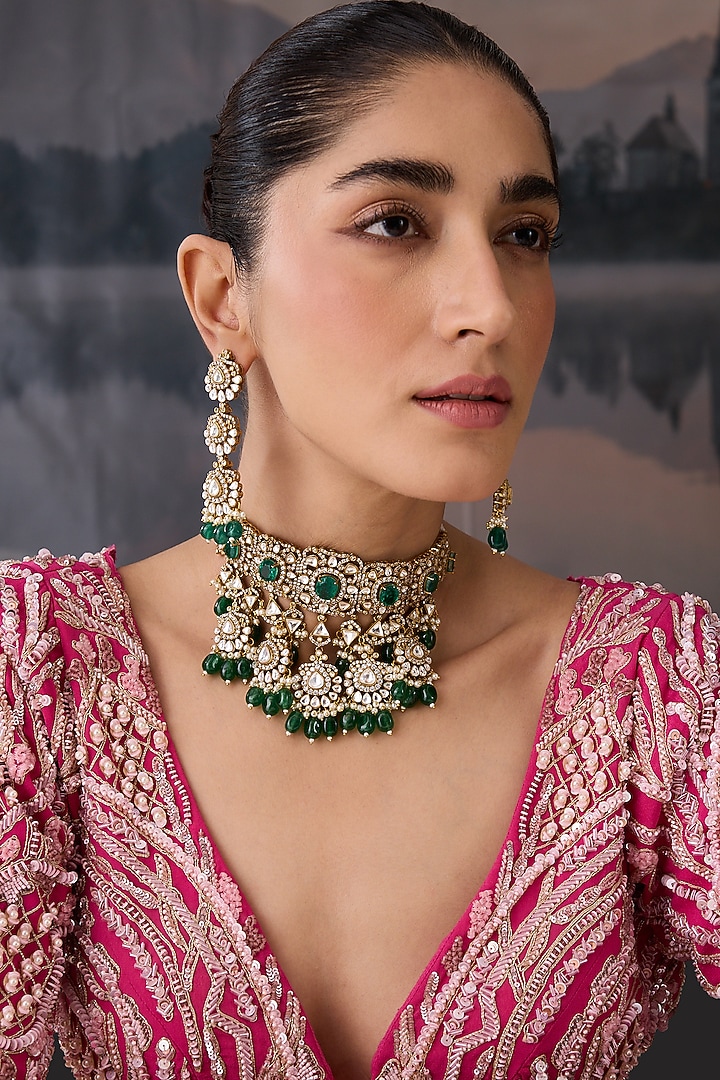 Gold Plated Cubic Zirconia & Jade Green Stone Necklace Set by Paisley Pop at Pernia's Pop Up Shop