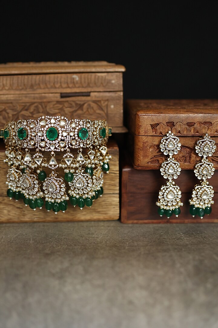 Gold Plated Cubic Zirconia & Jade Green Stone Necklace Set by Paisley Pop at Pernia's Pop Up Shop