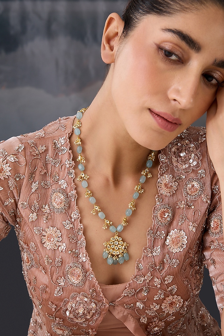 Gold Plated Kundan Polki & Blue Stone Pendant Necklace by Paisley Pop at Pernia's Pop Up Shop