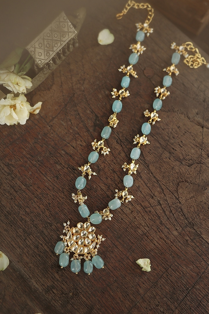 Gold Plated Kundan Polki & Blue Stone Pendant Necklace by Paisley Pop at Pernia's Pop Up Shop