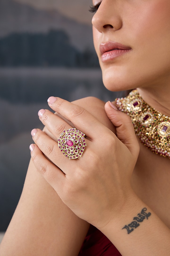 Gold Plated Pink Stone Jadau Adjustable Ring by Paisley Pop at Pernia's Pop Up Shop