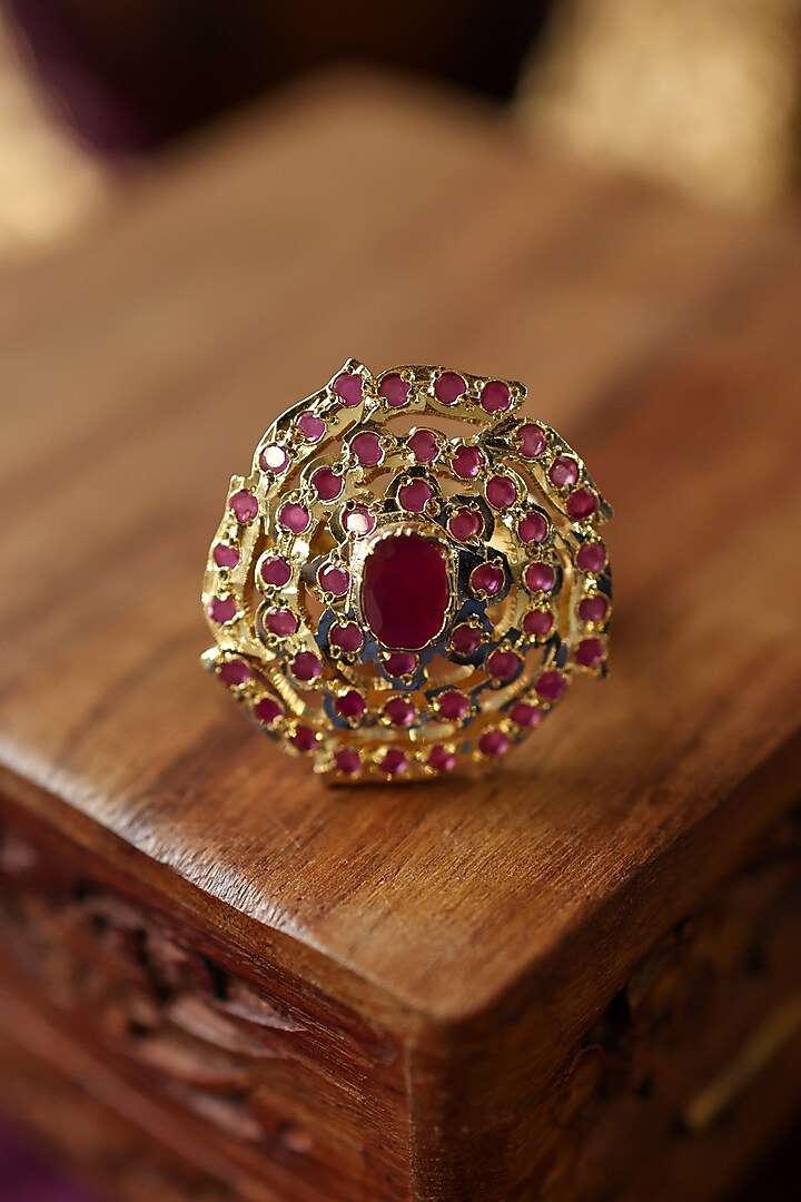 Gold Plated Pink Stone Jadau Adjustable Ring by Paisley Pop at Pernia's Pop Up Shop