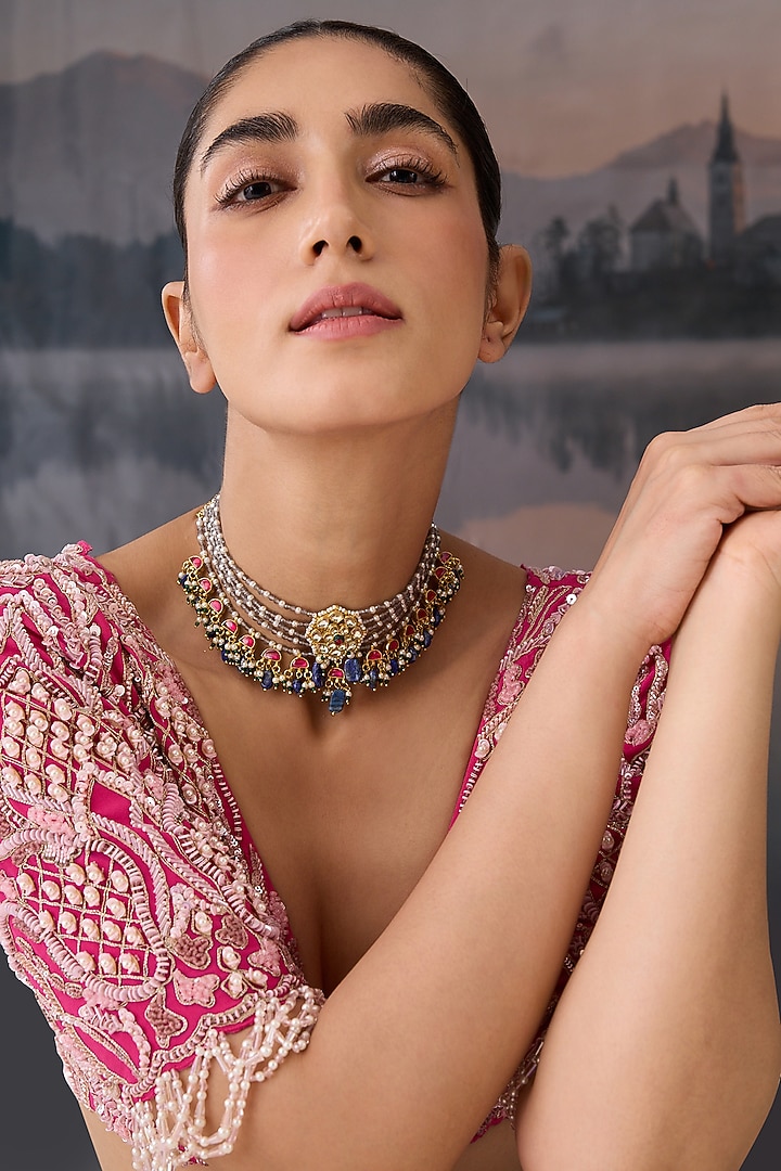Gold Plated Kundan Polki & Grey Onyx Necklace by Paisley Pop at Pernia's Pop Up Shop