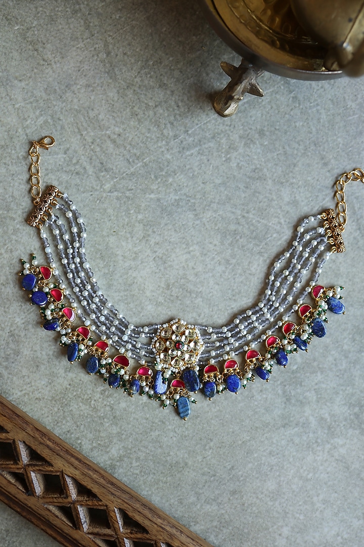 Gold Plated Kundan Polki & Grey Onyx Necklace by Paisley Pop at Pernia's Pop Up Shop