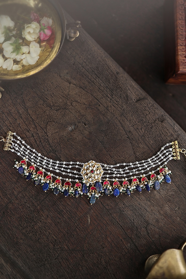Gold Plated Kundan Polki & Grey Onyx Necklace by Paisley Pop at Pernia's Pop Up Shop