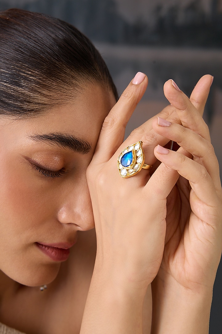 Gold Plated Blue Kundan Stone Adjustable Ring by Paisley Pop at Pernia's Pop Up Shop
