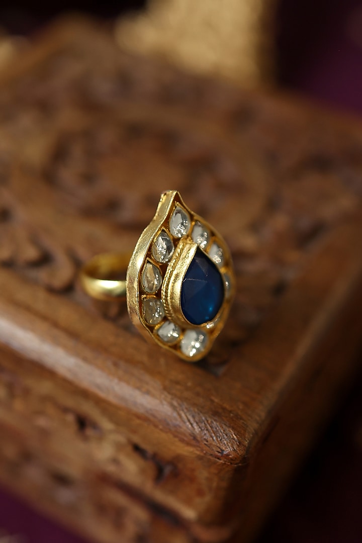 Gold Plated Blue Kundan Stone Adjustable Ring by Paisley Pop at Pernia's Pop Up Shop