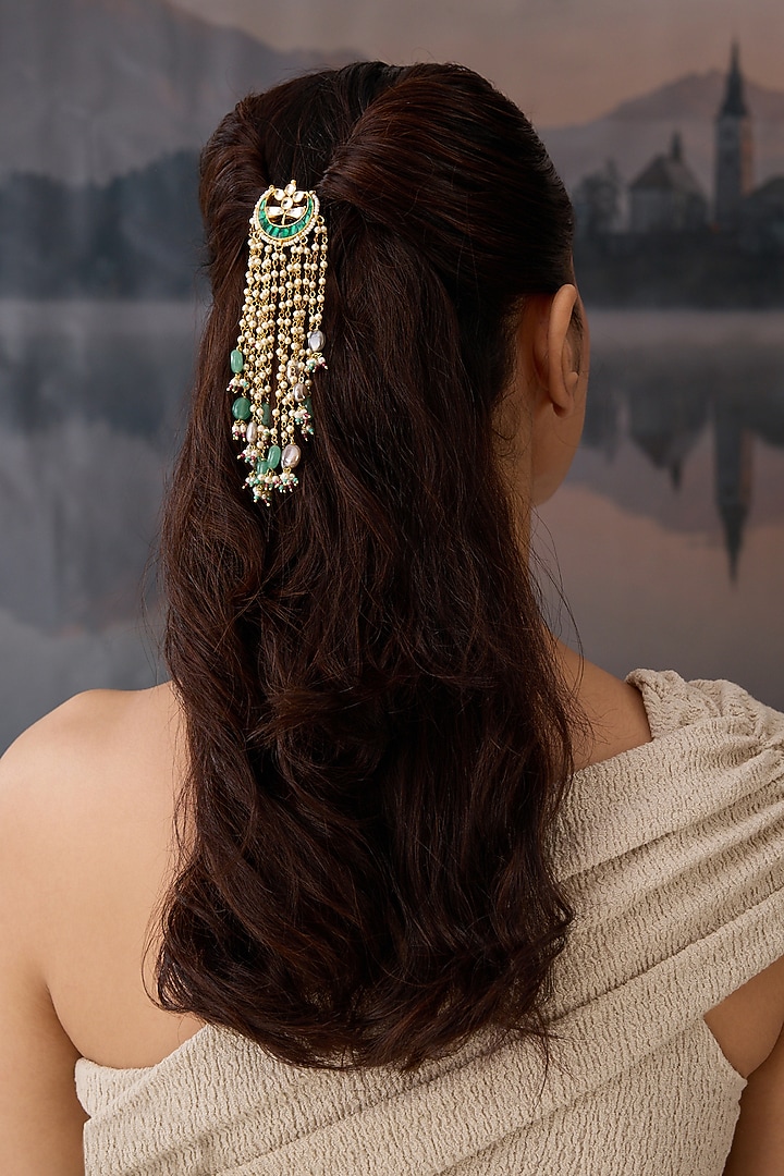 Gold Plated Green Kundan Polki & Pearl Hair Braid Pin by Paisley Pop at Pernia's Pop Up Shop