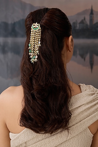 Gold Plated Green Kundan Polki & Pearl Hair Braid Pin by Paisley Pop