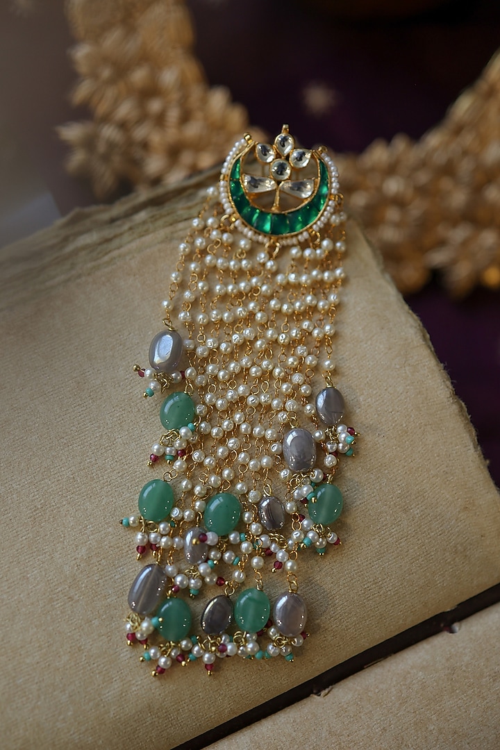 Gold Plated Green Kundan Polki & Pearl Hair Braid Pin by Paisley Pop at Pernia's Pop Up Shop