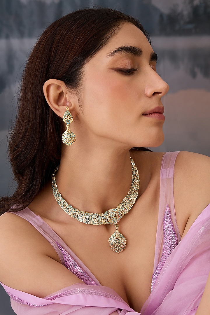 Gold Plated Pearl & Turquoise Stone Jadau Necklace by Paisley Pop at Pernia's Pop Up Shop