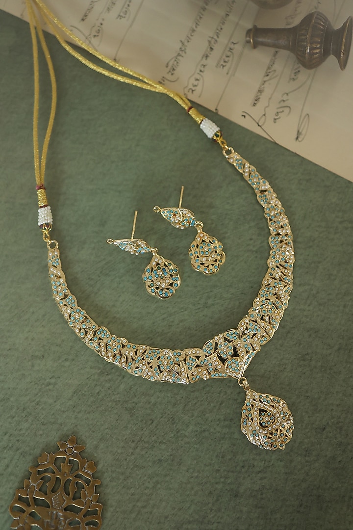 Gold Plated Pearl & Turquoise Stone Jadau Necklace by Paisley Pop at Pernia's Pop Up Shop
