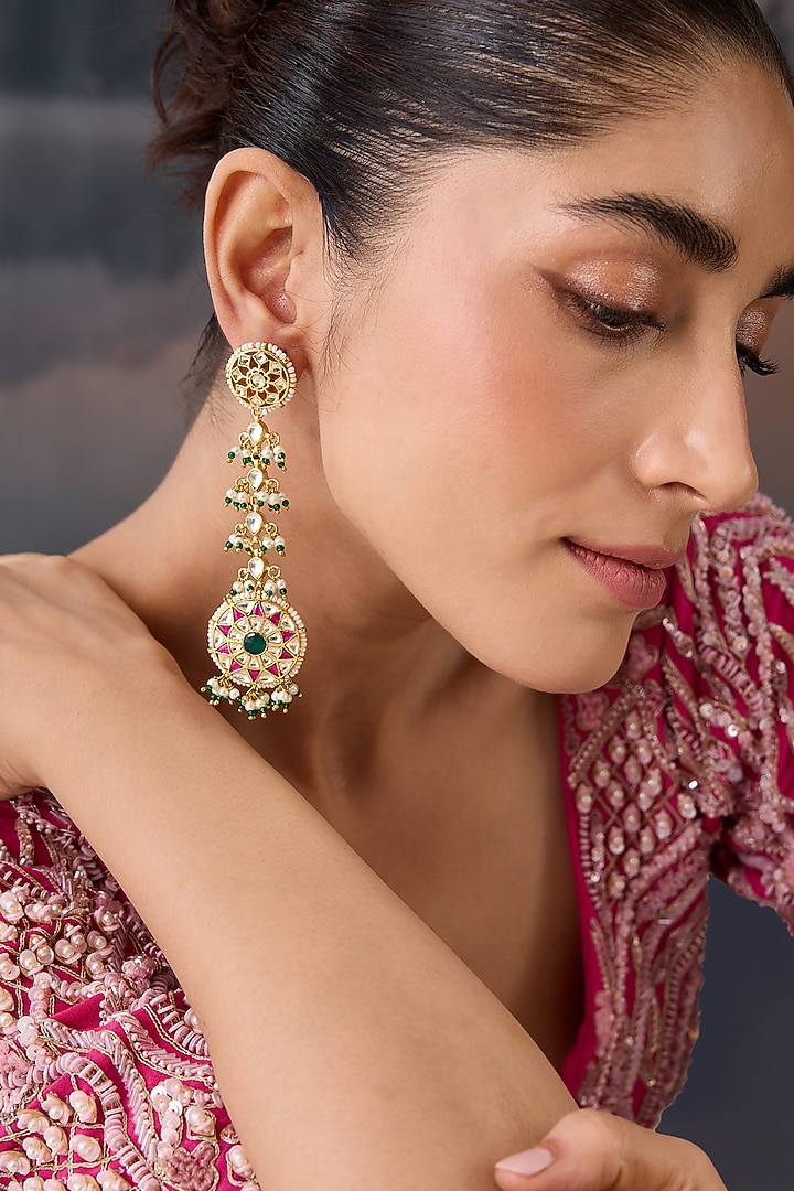 Gold Plated Pearl & Hydro Stone Dangler Earrings by Paisley Pop at Pernia's Pop Up Shop