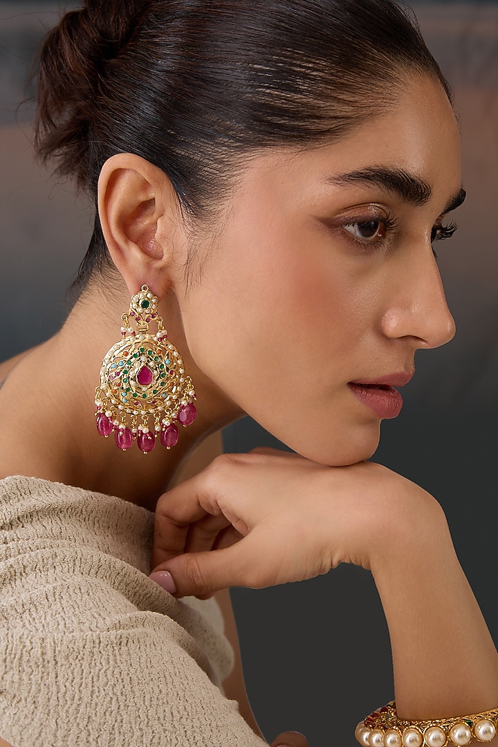Gold Plated Pearl & Pink Stone Jadau Dangler Earrings by Paisley Pop at Pernia's Pop Up Shop