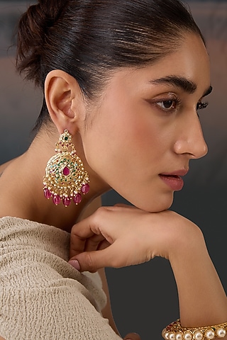 Gold Plated Pearl & Pink Stone Jadau Dangler Earrings by Paisley Pop