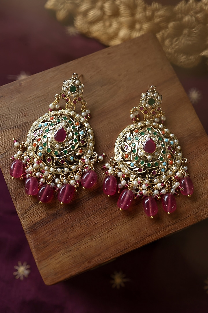 Gold Plated Pearl & Pink Stone Jadau Dangler Earrings by Paisley Pop at Pernia's Pop Up Shop