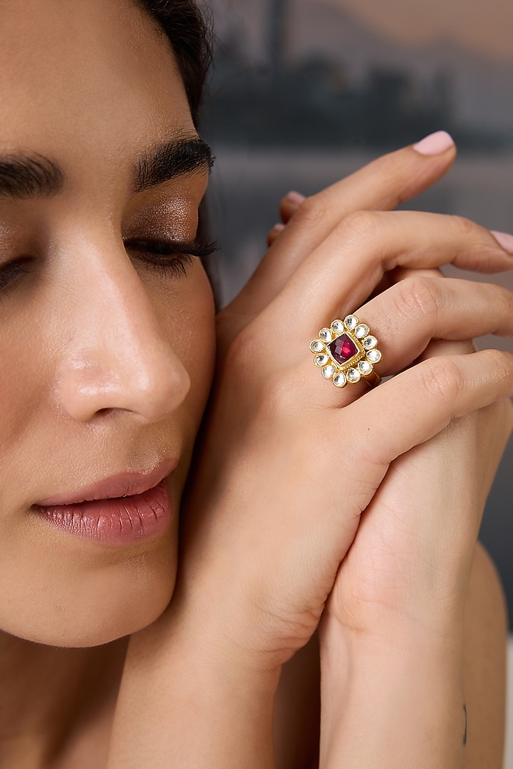 Gold Plated Kundan Polki & Red Stone Adjustable Ring by Paisley Pop at Pernia's Pop Up Shop