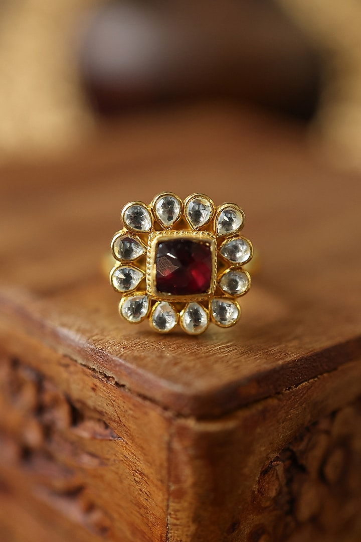 Gold Plated Kundan Polki & Red Stone Adjustable Ring by Paisley Pop at Pernia's Pop Up Shop