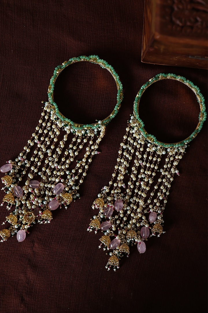 Gold Plated Kundan Polki & Rose Quartz Stone Bangles (Set Of 2) by Paisley Pop at Pernia's Pop Up Shop