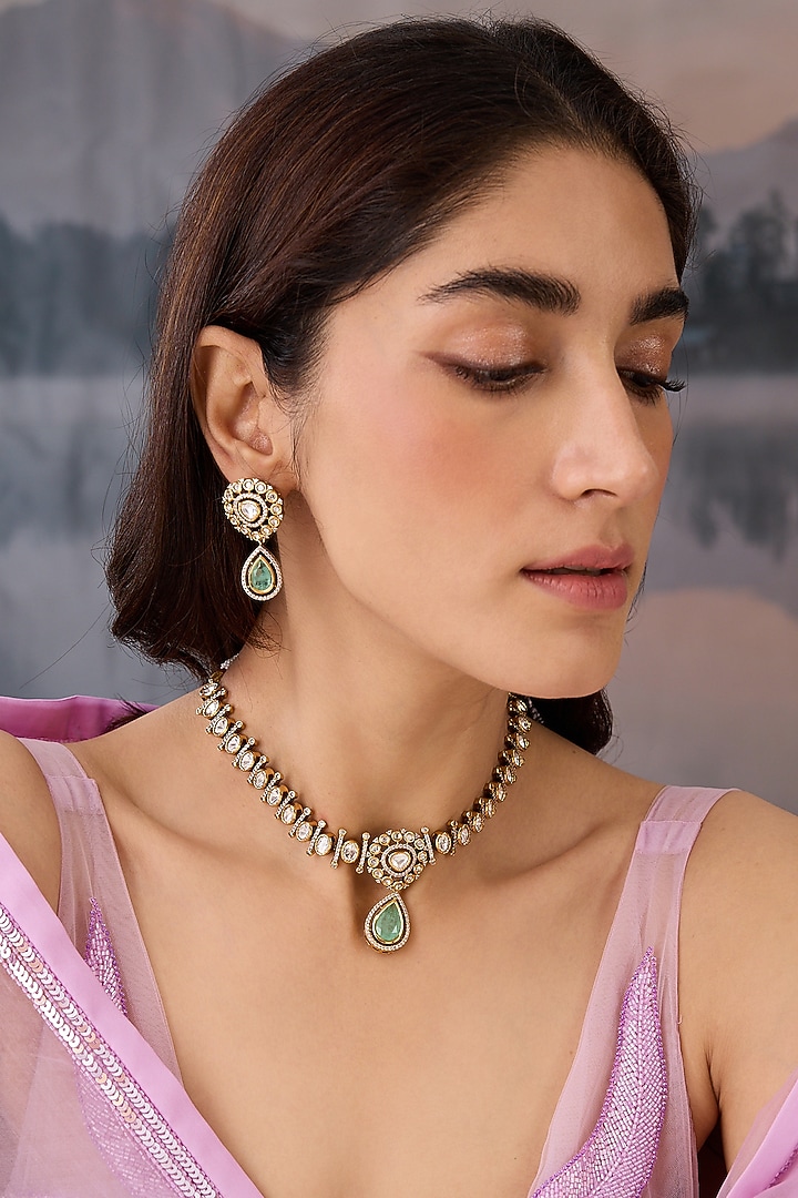 Gold Plated Cubic Zirconia & Fluorite Stone Pendant Necklace Set by Paisley Pop at Pernia's Pop Up Shop