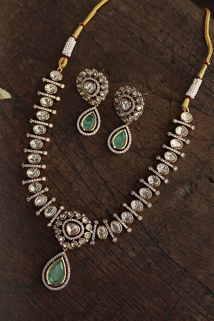 Gold Plated Cubic Zirconia & Fluorite Stone Pendant Necklace Set by Paisley Pop at Pernia's Pop Up Shop