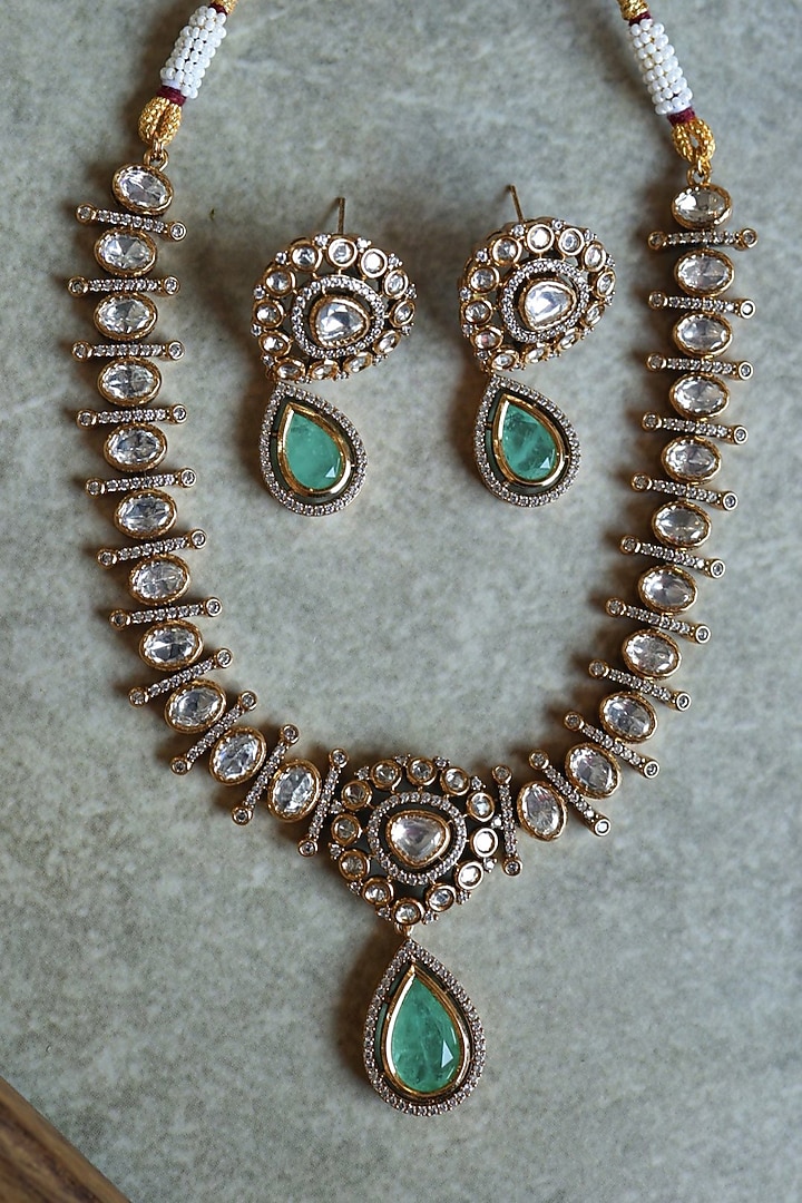 Gold Plated Cubic Zirconia & Fluorite Stone Pendant Necklace Set by Paisley Pop at Pernia's Pop Up Shop