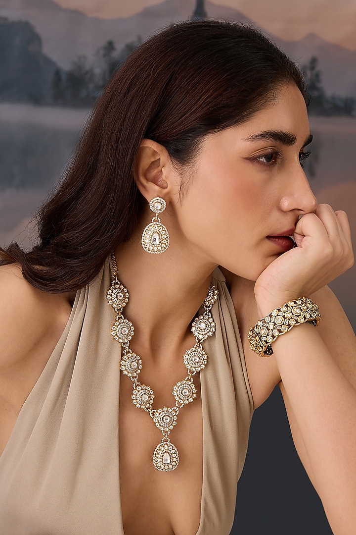 Gold Plated Cubic Zirconia & Kundan Polki Necklace Set by Paisley Pop at Pernia's Pop Up Shop