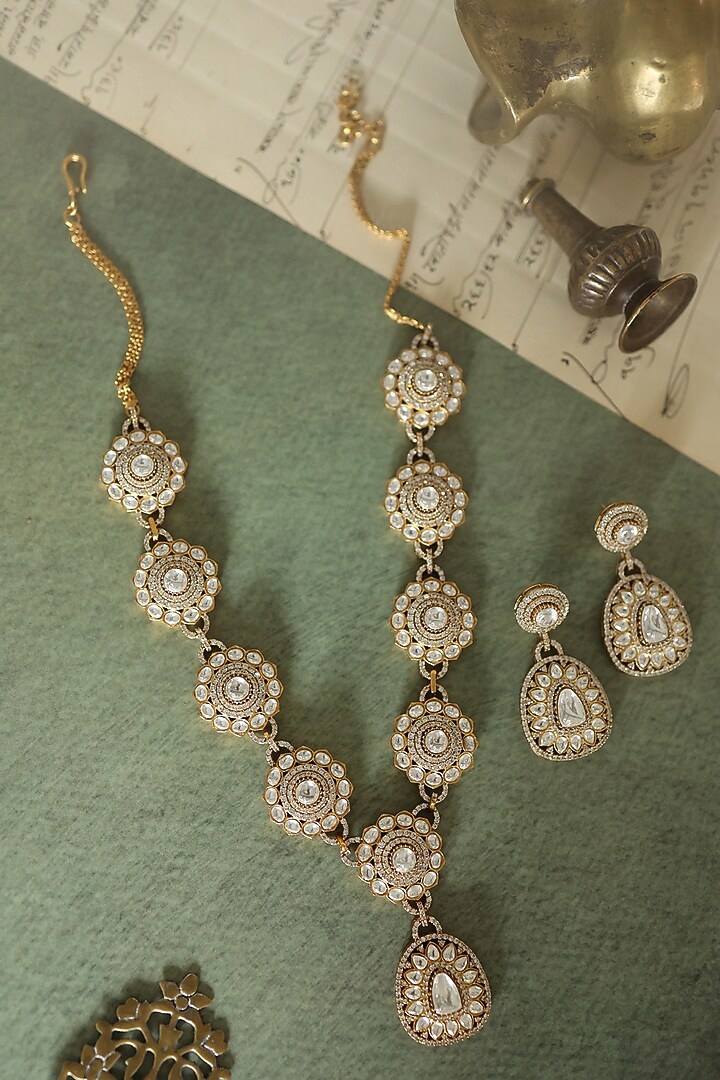 Gold Plated Cubic Zirconia & Kundan Polki Necklace Set by Paisley Pop at Pernia's Pop Up Shop